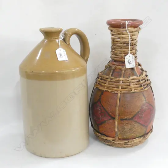 OLD STONEWARE CROCK (H. 340MM) & POTTERY VASE W.WOVEN CANE (H.240MM)