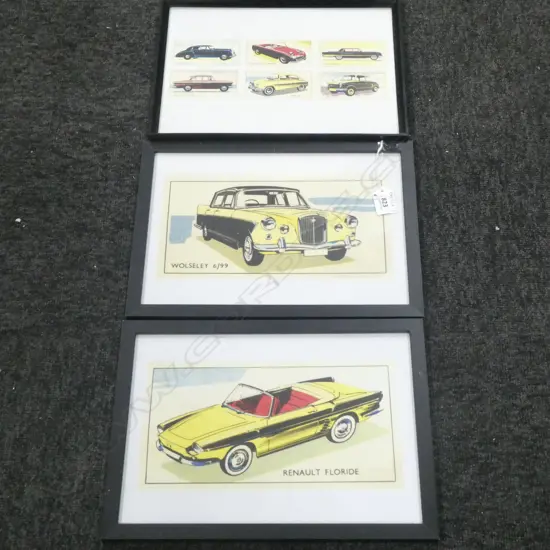 3 FRAMED VINTAGE CAR PRINTS (250 X 130MM)