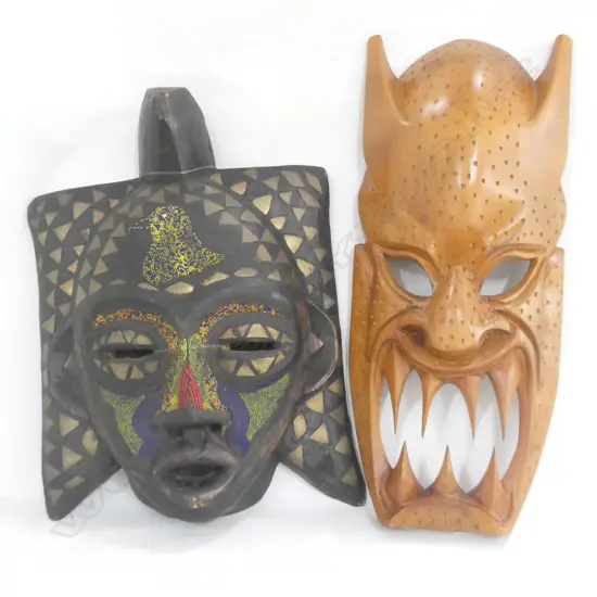 GHANIAN BEADED WALL MASK  (300 X 430MM)  & WOODEN TRIBAL MASK