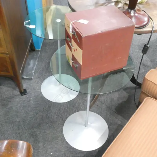 PR ROUND SMOKY GLASS TOPPED OCCASSIONAL TABLES. METAL BASE. DIA. 400MM