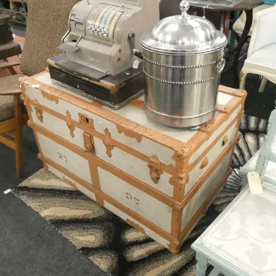 LARGE PAINTED VINTAGE WOODEN TRUNK