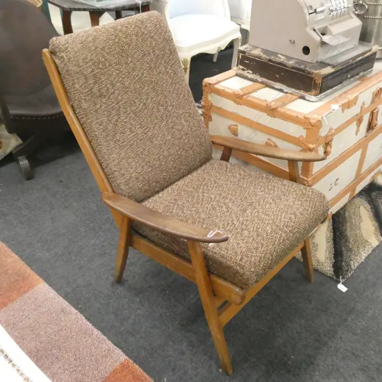 MID CENTURY WOODEN CHAIR UPHOLSTERED