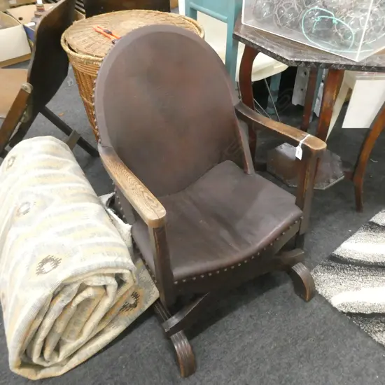 1930S OAK & VINYL FIRESIDE CHAIR COPPER STUDS