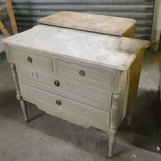 FRENCH STYLE PAINTED CHEST OF DRAWERS MARBLE TOP H. 820MM W. 980MM