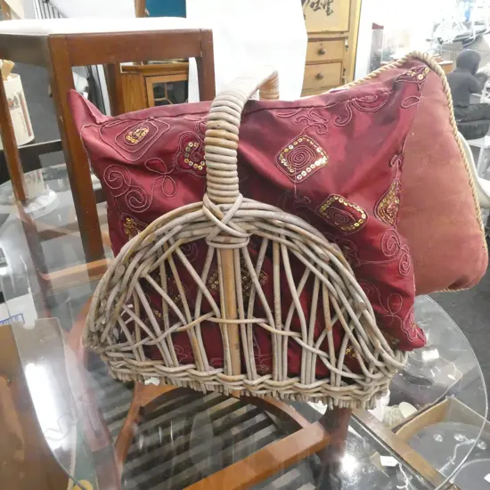CANE BASKET & 3 CUSHIONS