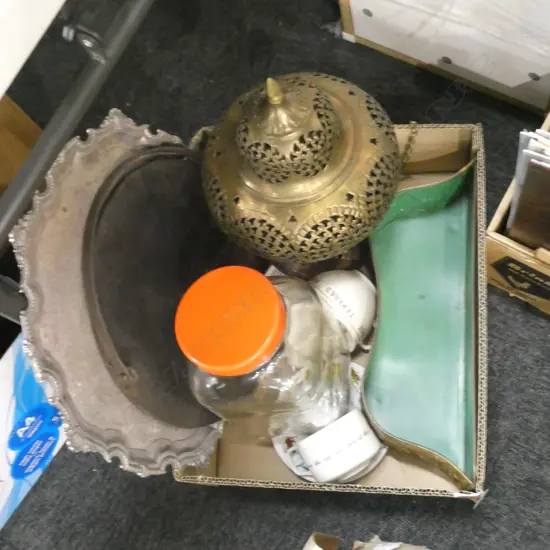 BOX LOT BRASS LANTERN, EP TRAY ETC