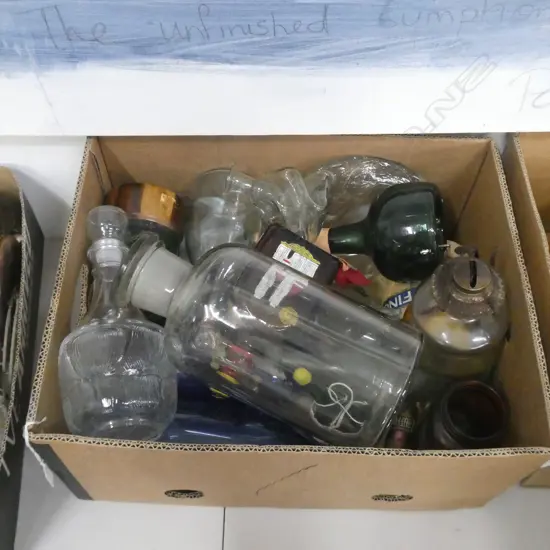 LG BOX LOT OLD BOTTLES / JARS / DECANTERS ETC.