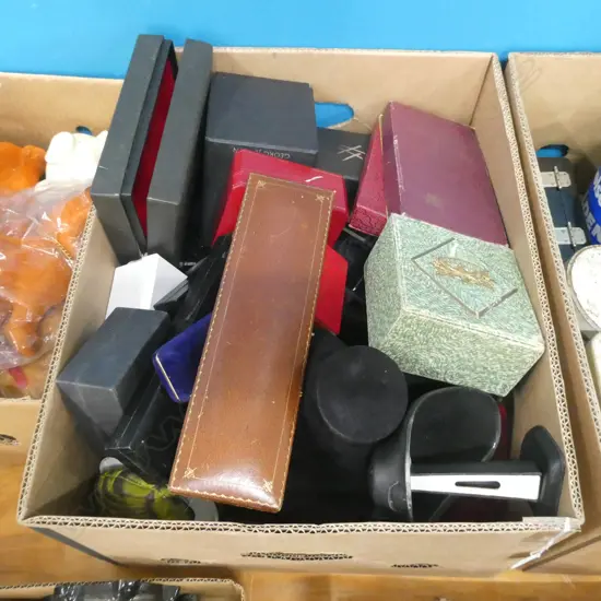 LG MIXED BOX LOT; JEWELLERY STANDS, SHOE STRETCHER; OLD WOODWORK RULERS, JEWELLERY CONTAINERS ETC.