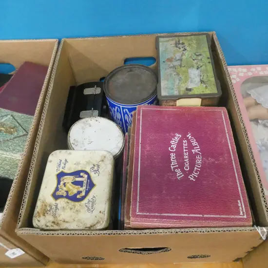 BOX OLD TINS / MUSIC BOX &  STACK EMPTY VINTAGE CIGARETTE CARD ALBUMS 
