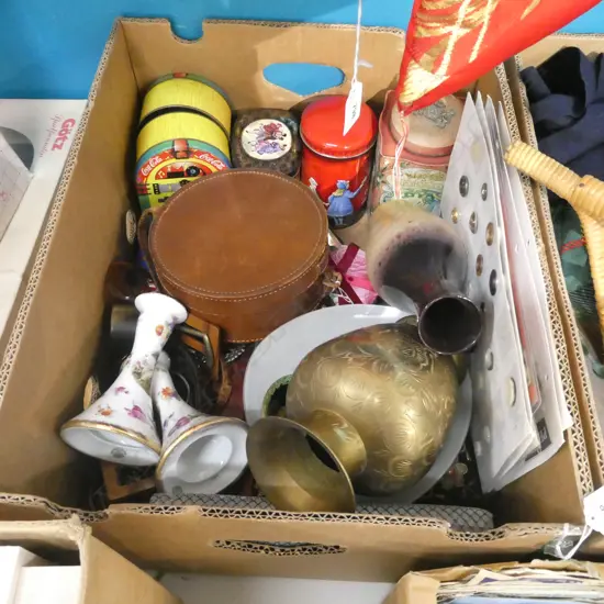 LG BOX ASSORTED INCL. BUTTON SAMPLE CARD, CLERICAL COLLARS, OLD TINS ETC.