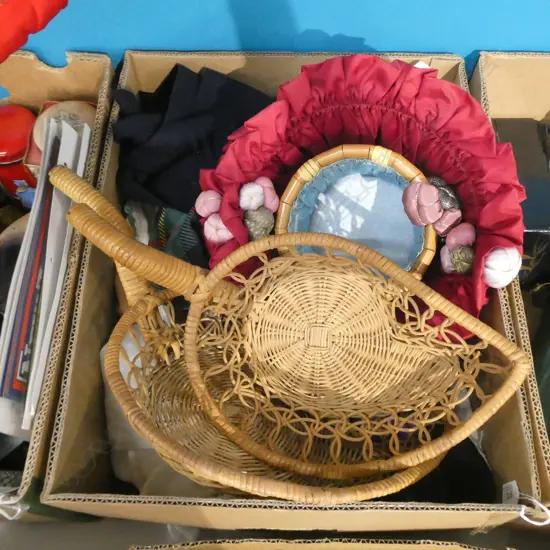 BOX ASSORTED OLD LINEN & BASKETS ETC..