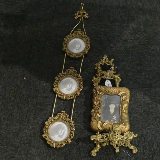 3 CIRCULAR GILT FRAMES + PICTURE FRAME & STAND 