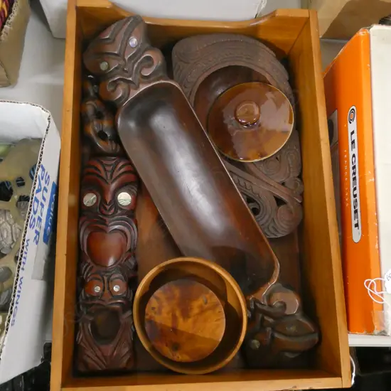 RIMU TRAY & ASST. CARVED WOODEN MAORI PCES