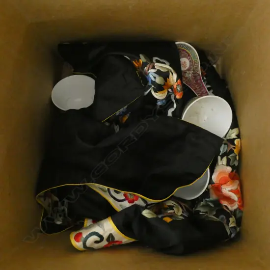 BOX LOT KIMONO, ORIENTAL TEACUPS & SPOONS 