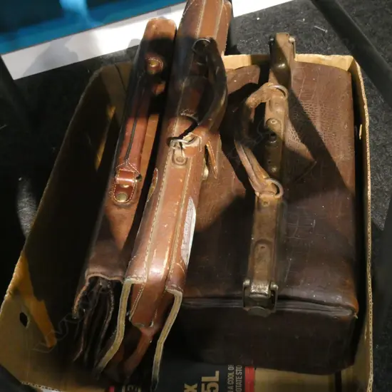 BOX WITH 2 OLD BRIEFCASES & 1 OLD KIT BAG