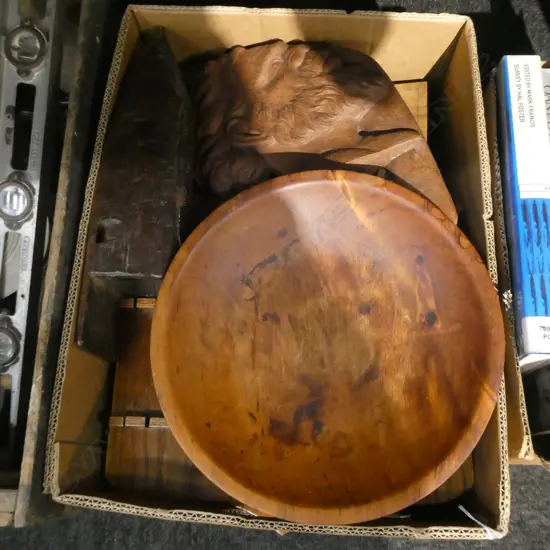 LG BOX OLD WOODEN ITEMS; BOWLS, BOXES ETC