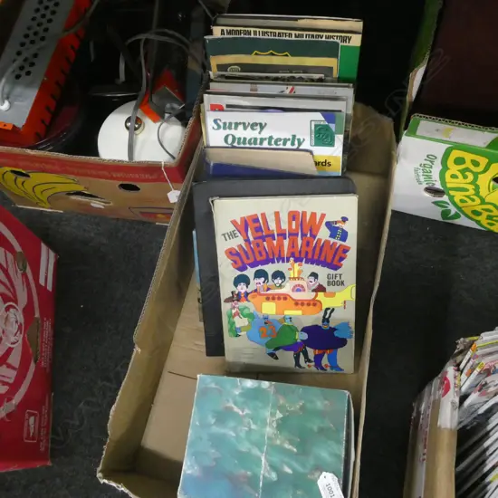 BOX MISC BOOKS INCL. WAR BOOKS; BEATLES CHNS BOOK & BOX WAR PLANE COLLECTORS CLUB CARDS