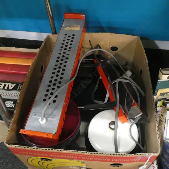 BOX MISC. INCL 2 ORANGE RETRO WALL HEATERS, ICE BUCKETS ETC.