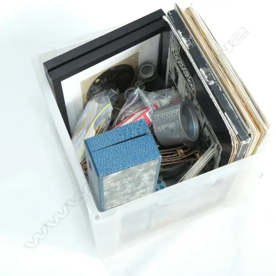 BOX LOT RECORDS, POSTCARDS, ART, STAMPS ETC