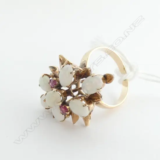 LADIES DRESS RING - WHITE OPALS & STONES - GOLD SETTING