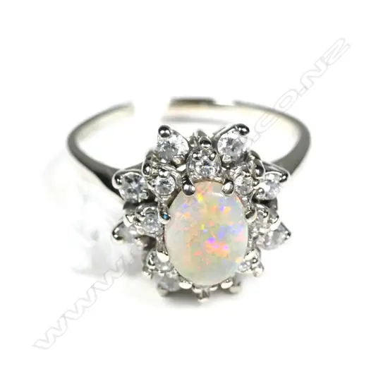 14k WHITE GOLD OPAL & CZ CLUSTER RING
