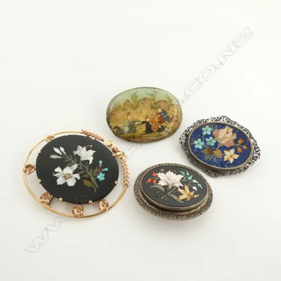 3 ANTIQUE PIETRA DURA BROOCHES, LARGEST 550MM + OTHER