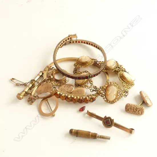 BAG OLD DAMAGED JEWELLERY - 9CT BRACELET W SEED PEARLS & TOPAZ?/ GARNET BRACELET / CAMEO BRACELET  ..