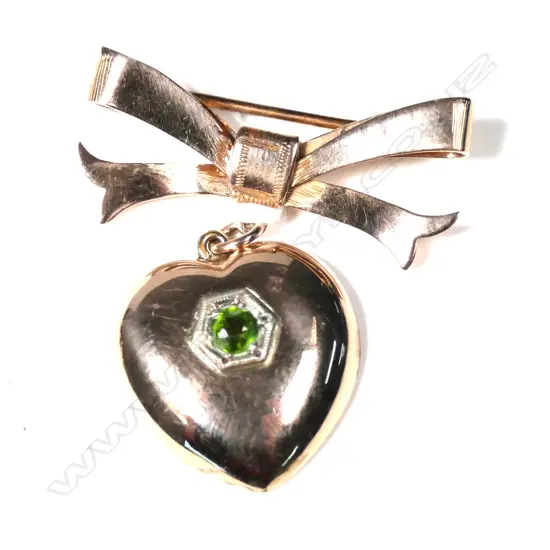 9ct ROSE GOLD HEART DROP FROM BOW BROOCH 5.4gms