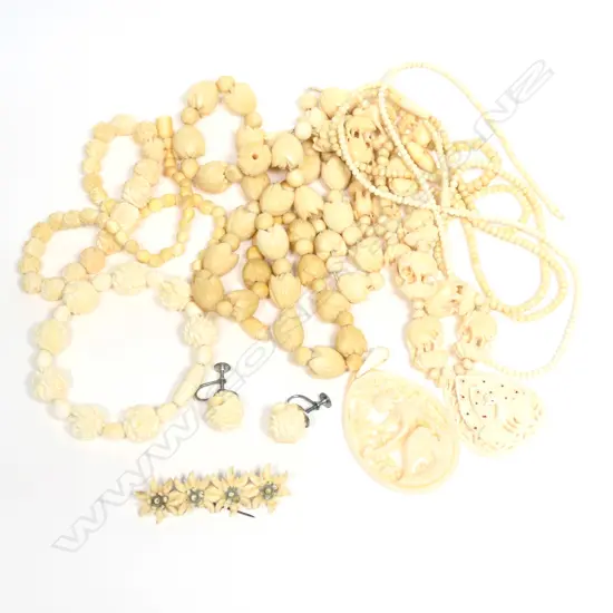 ASSORTED VINTAGE CARVED BONE NECKLACES, BRACELETS & EARRINGS + SOME PLASTIC