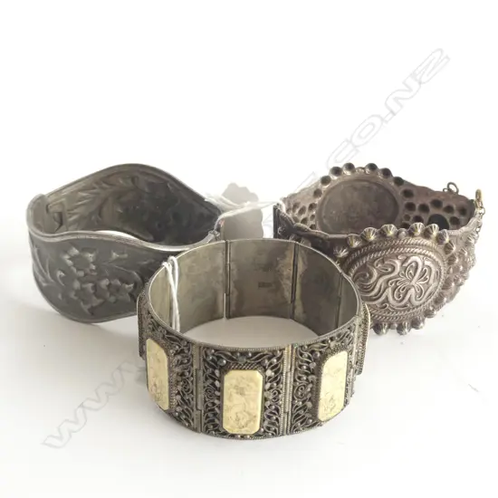 CHINESE SILVER BRACELET AND TWO SILVER PLATE CUFFS