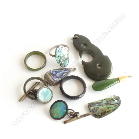 9 PCES PAUA / GREENSTONE JEWELLERY + OPAL CUFF LINKS