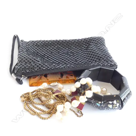 OROTON STYLE PURSE OF COSTUME JEWELLERY & PEARL NECKLACE