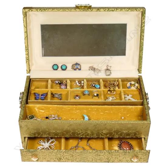 LARGE GOLD BROCADE JEWELLERY BOX (2 SHELVES + DRAWER) WITH ASST JEWELLERY INCL. COSTUME