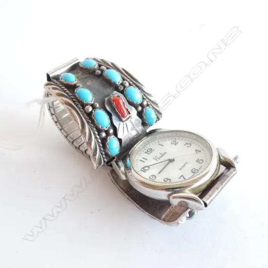 MENS WRISTWATCH WITH MEXICAN TURQUOISE / CORAL & SILVER BAND