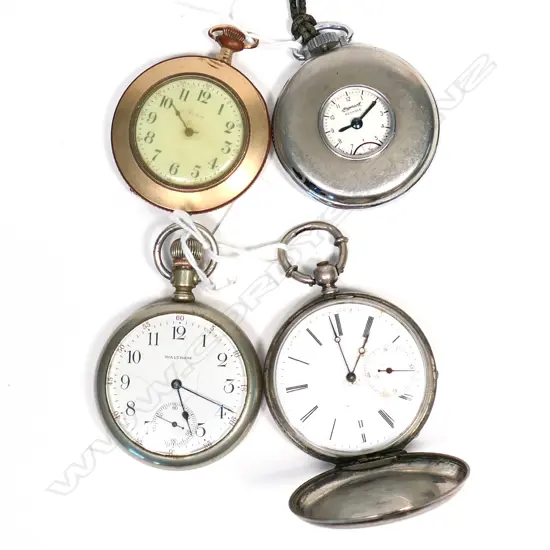 4 VINTAGE POCKET WATCHES, SILVER ARGENT, ELGIN, WALTHAM, INGASOLL