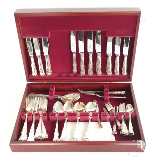 WOODEN BOXED SHEFFIELD PT SILVER PLATE CUTLERY SET - 66PC 