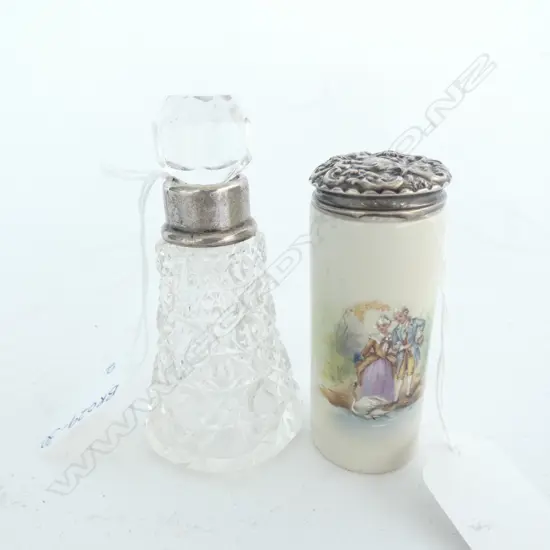 CUT GLASS SCENT BOTTLE W. STG SILVER RIM & CERAMIC BOTTLE W STG. SILVER LID TALLEST 92MM