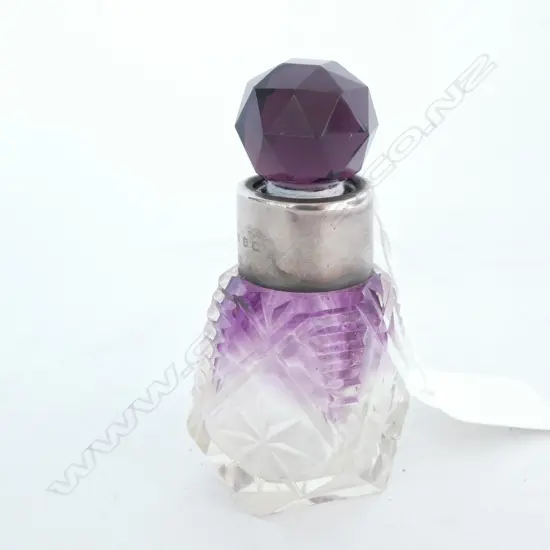 AMETHYST FLASHED CUT GLASS & STG SILVER RIMMED SCENT BOTTLE H. 78MM 
