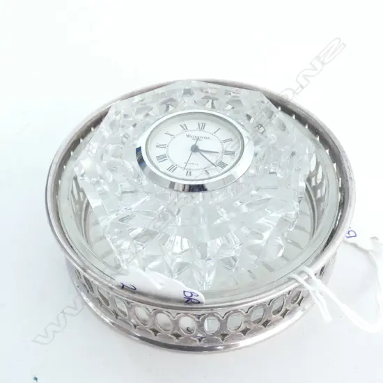 WATERFORD CRYSTAL SM TABLE CLOCK DIA 70MM & GLASS & EP DISH DIA 95MM