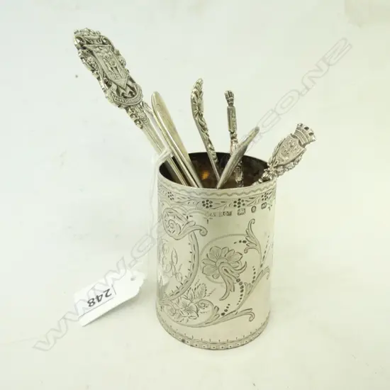 7 SILVER SPOONS + BEAKER 179 GRAMS TOTAL