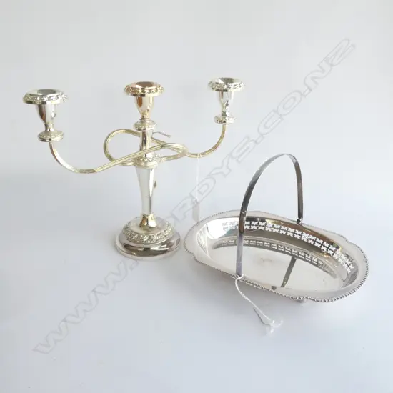 SILVERPLATE 3-ARM CANDELABRA & SILVERPLATE CAKE DISH W HANDLE -L245MM