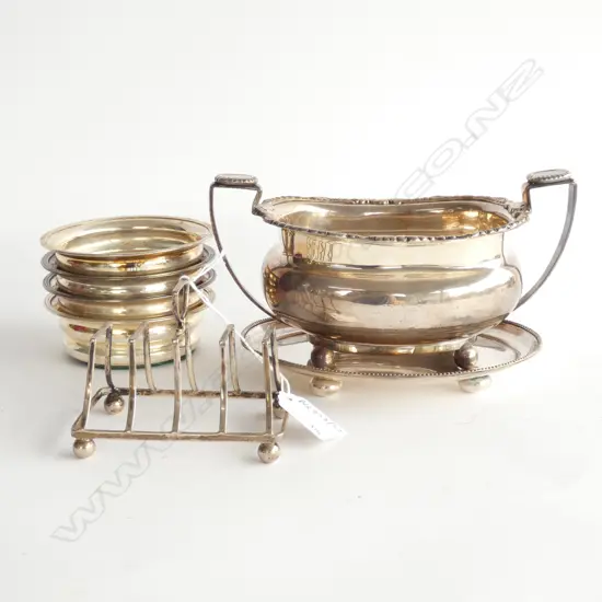 OLD SHEFFIELD PLATE SUGAR, DISH, 4 COASTERS, STG TOAST RACK 55 GRAMS
