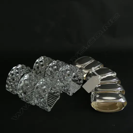 6 CUT GLASS & 6 SILVER PLATE NAPKIN RINGS 