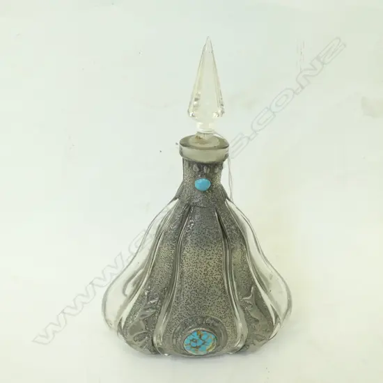 STUDIO MADE ARTS & CRAFT GLASS PERFUME BOTTLE WITH PEWTER OVERLAY & TURQUOISE LIKE CABOCHONS H. 210MM  