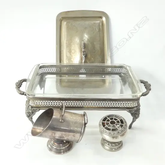 3 PCES EPNS; CHAFING DISH, SUGAR, POSEY VASE