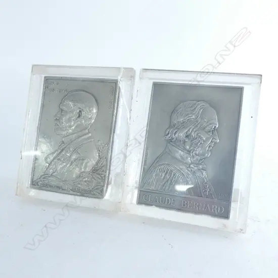 PR SILVER PLATE MEDAL PLAQUES - IN PERSPEX HOLDERS - LOUIS PASTEUR & CLAUDE BERNARD - 110 X 70MM
