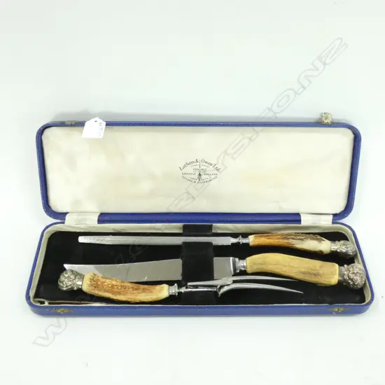 3 PCE FAUX HORN CARVING SET, CASED 