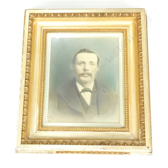 EDWARDIAN MANS PORTAIT HAND TINTED PHOTOGRAPH GILT FRAME 365 X 290MM