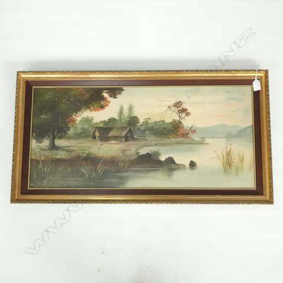 H T GARRATT (DE RITZ) (1875-1953) 'MAORI WHARE' OIL ON BOARD 330 X 720MM