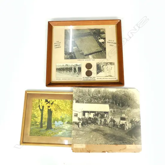 1950 BRITISH EMPIRE GAMES FRAMED PHOTOGRAPHS & MEDALLIONS 470 X 520MM + 19thC PHOTOGRAPH WEST COAST RD AUCKLAND + OTHER